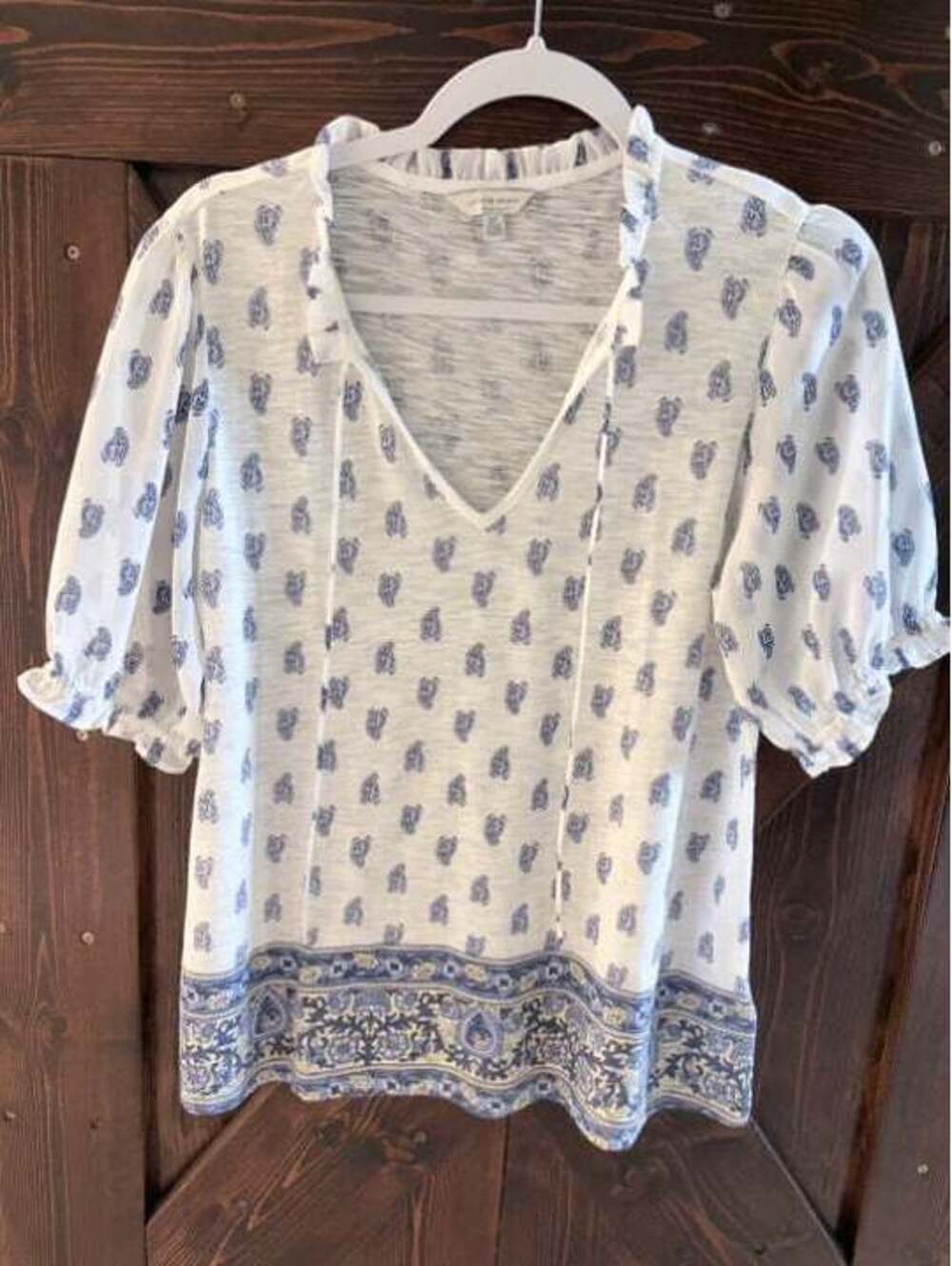 Lucky Brand Women's White Blue Paisley Print Tie Neck Blouse